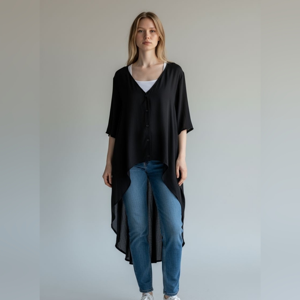 ThreeEightyTwo Black Sheer Button Down High Low Top Size Medium